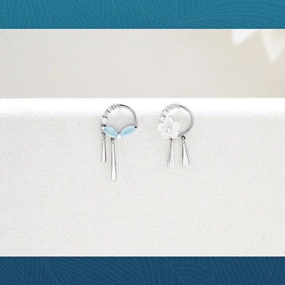 Sterling Silver Asymmetrical Pearl Flower Earrings - Picture 7 of 9